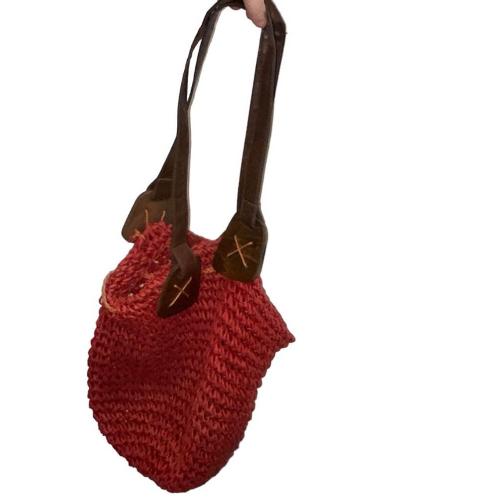 Red Straw all woven by hand Leather wood handles sack bucket bag